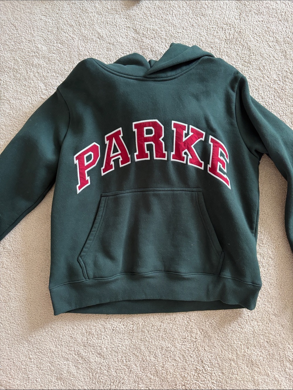 Parker Forest Green Hoodie with Red Lettering
